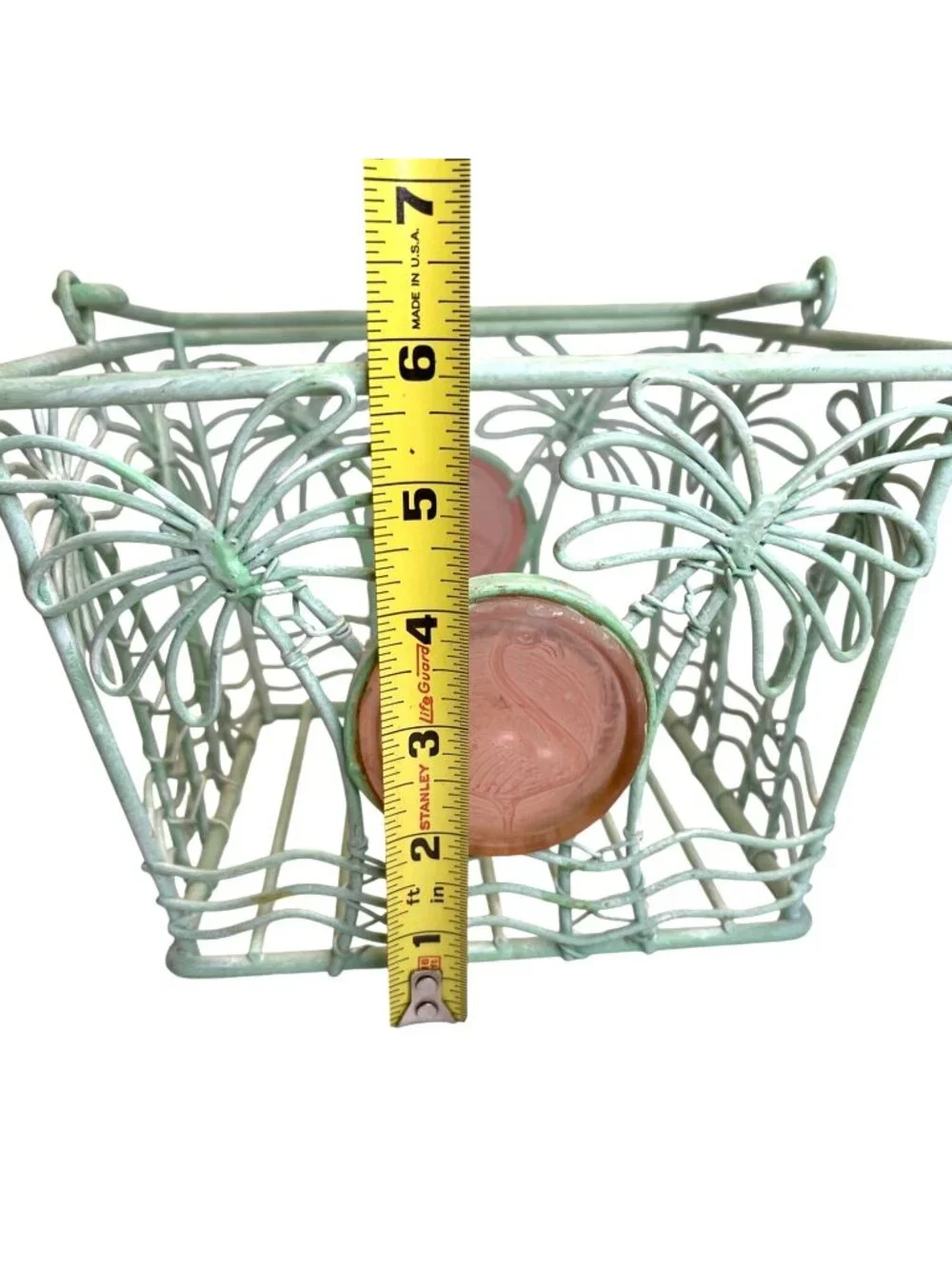 Metal Storage Basket Pink Flamingo Medallion Teal Green Palm Tree Wrought Iron